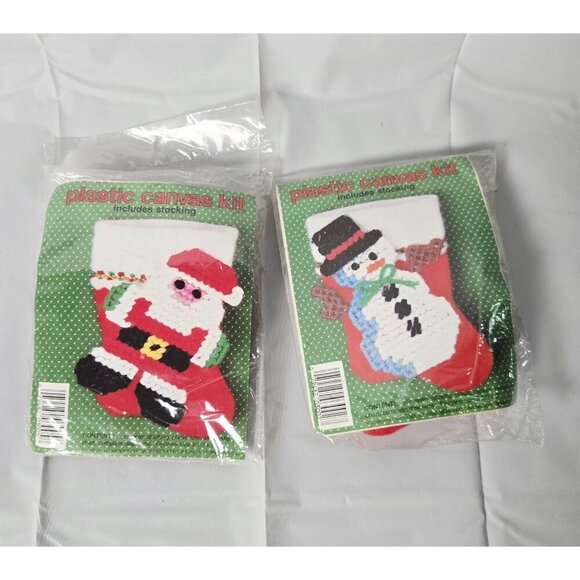 Other - Vintage Plastic Canvas Kit Stocking Santa & Snowmen Stitching Craft Set Of 2